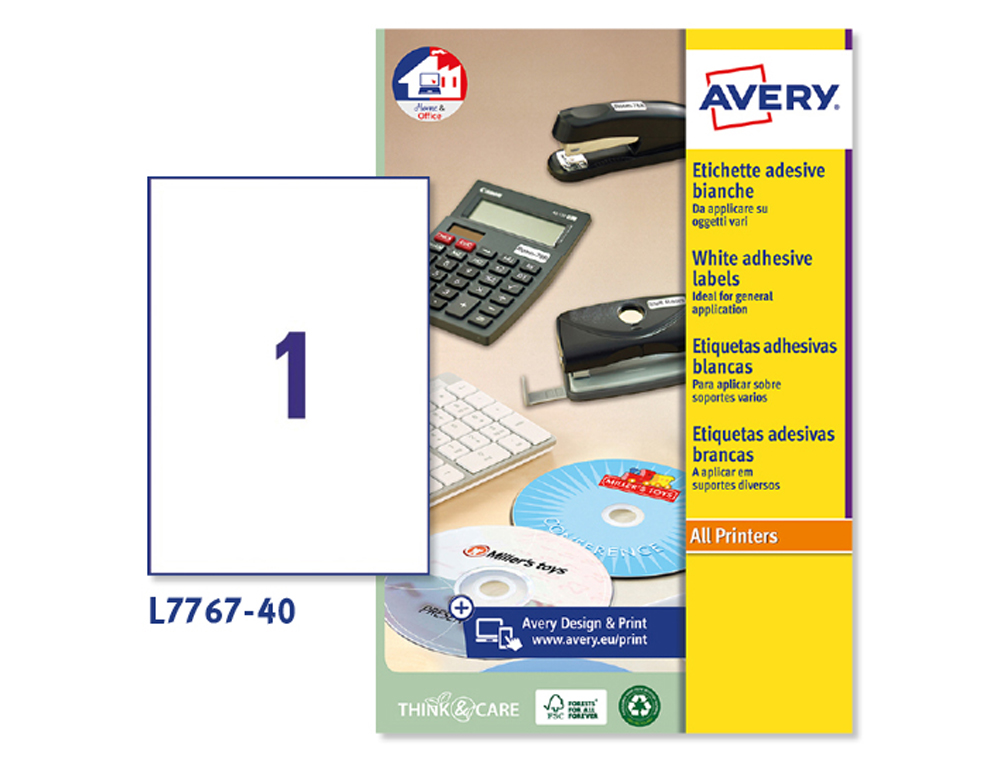ETIQUETA ADHESIVA AVERY BLANCA BRILLANTE LASER 210X297 MM CAJA DE 40 UNIDADES