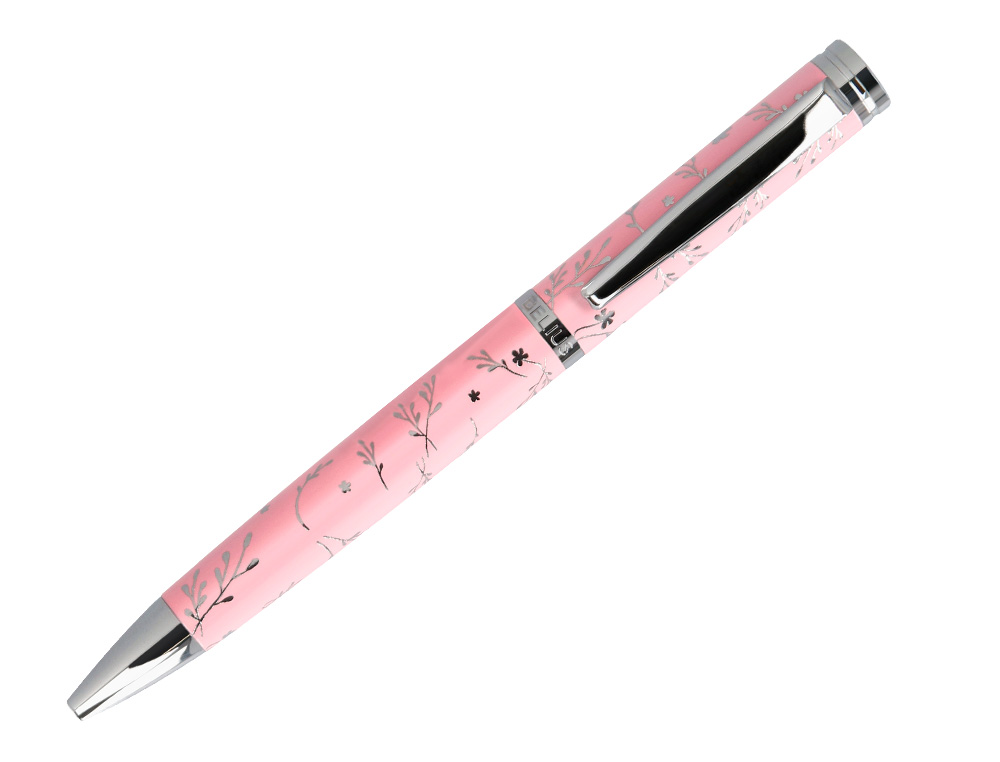 BOLIGRAFO BELIUS BELLA ALUMINIO COLOR ROSA DISEÑO PLATEADO RELIEVE TINTA AZUL CAJA DE DISEÑO