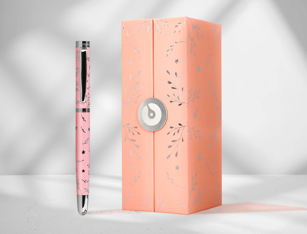 ROLLER BELIUS BELLA ALUMINIO COLOR ROSA DISEO PLATEADO RELIEVE TINTA COLOR NEGRO CAJA DE DISEO