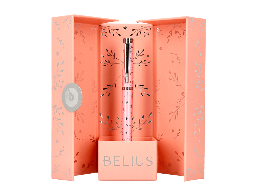 ROLLER BELIUS BELLA ALUMINIO COLOR ROSA DISEO PLATEADO RELIEVE TINTA COLOR NEGRO CAJA DE DISEO