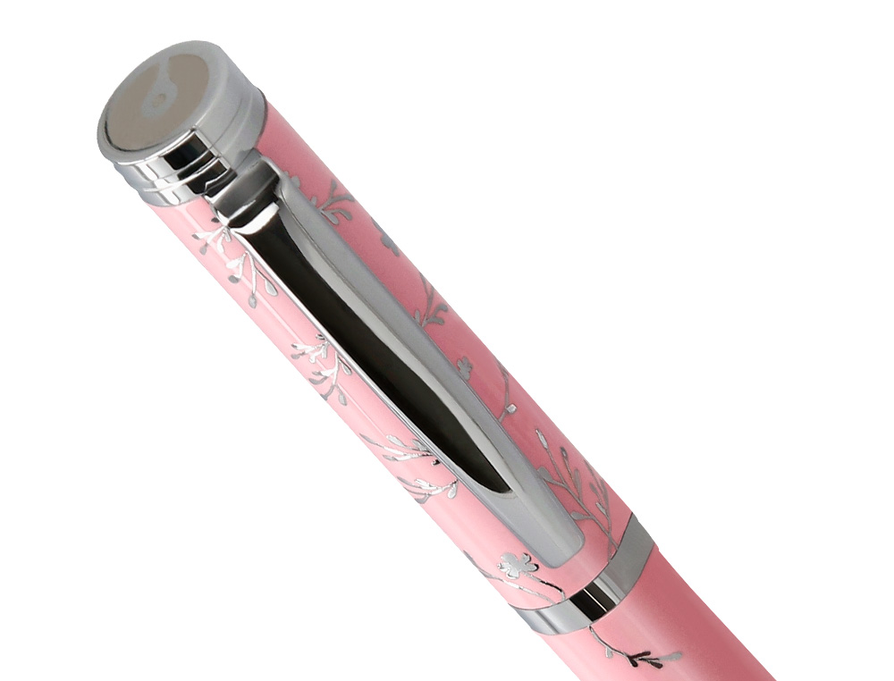 PLUMA BELIUS BELLA ALUMINIO COLOR ROSA DISEÑO PLATEADO RELIEVE TINTA AZUL CAJA DE DISEÑO