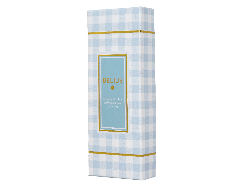 ROLLER BELIUS PERFECT PICNIC DAY ALUMINIO AZUL CELESTE DORADO TINTA COLOR NEGRO CAJA DE DISEÑO