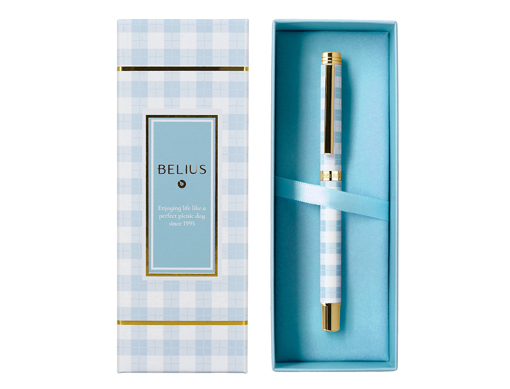 ROLLER BELIUS PERFECT PICNIC DAY ALUMINIO AZUL CELESTE DORADO TINTA COLOR NEGRO CAJA DE DISEÑO