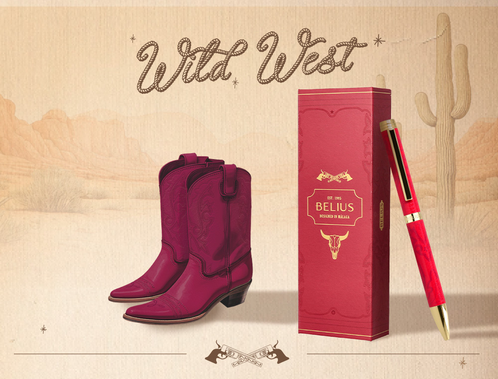 BOLIGRAFO BELIUS WILD WEST ALUMINIO COLOR CELESTE DORADO TINTA COLOR AZUL CAJA DE DISEÑO