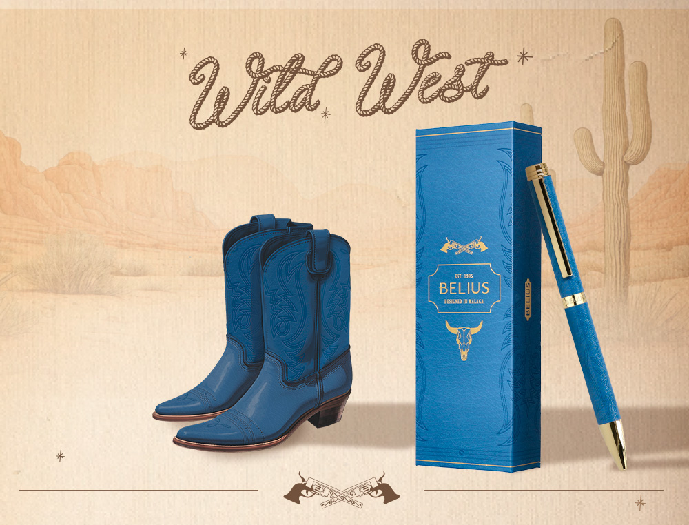 BOLIGRAFO BELIUS WILD WEST ALUMINIO COLOR AZUL MARINO DORADO TINTA COLOR AZUL CAJA DE DISEÑO