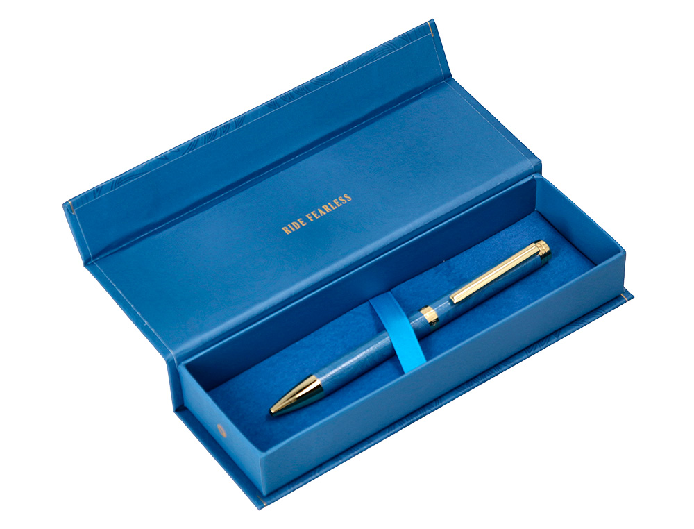 BOLIGRAFO BELIUS WILD WEST ALUMINIO COLOR AZUL MARINO DORADO TINTA COLOR AZUL CAJA DE DISEÑO