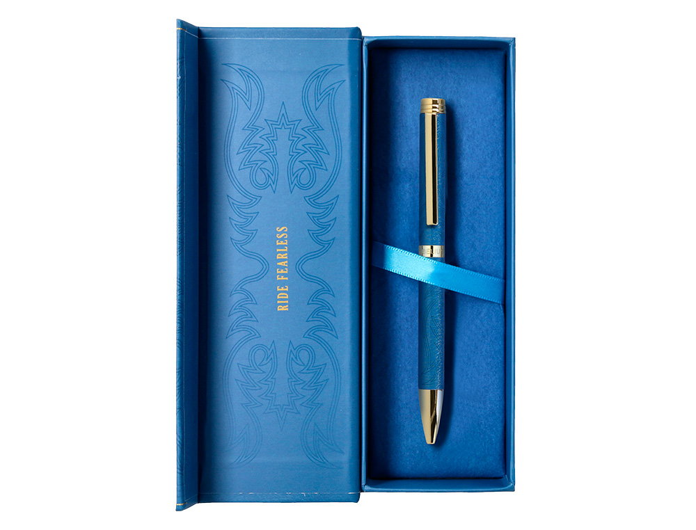 BOLIGRAFO BELIUS WILD WEST ALUMINIO COLOR AZUL MARINO DORADO TINTA COLOR AZUL CAJA DE DISEÑO