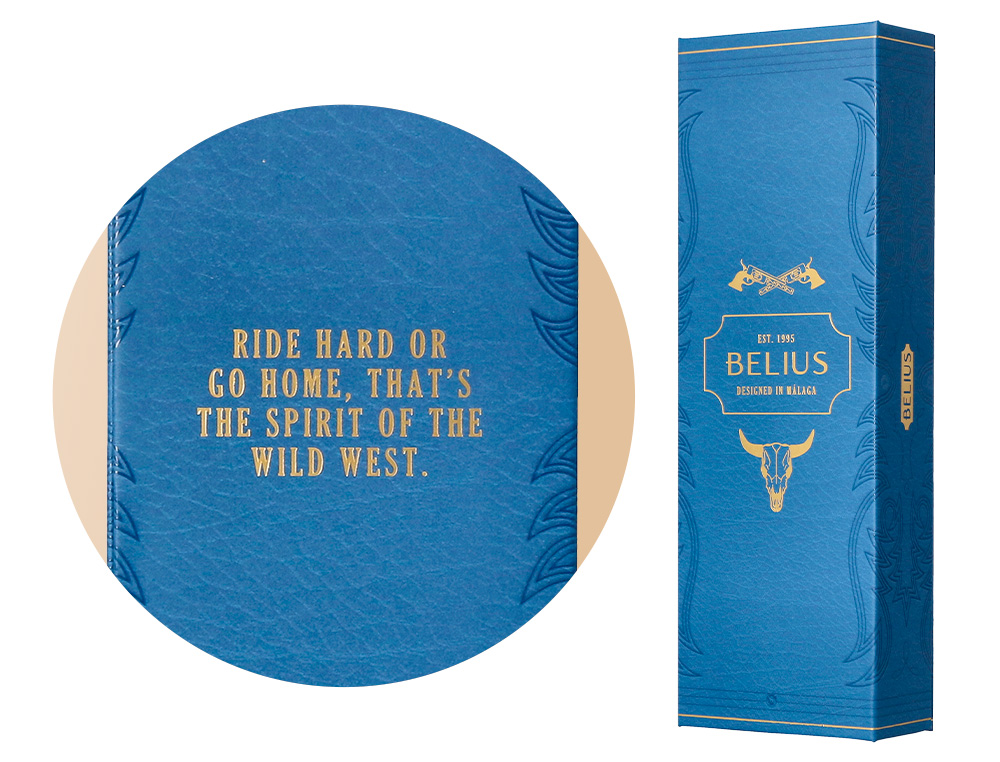 BOLIGRAFO BELIUS WILD WEST ALUMINIO COLOR AZUL MARINO DORADO TINTA COLOR AZUL CAJA DE DISEÑO