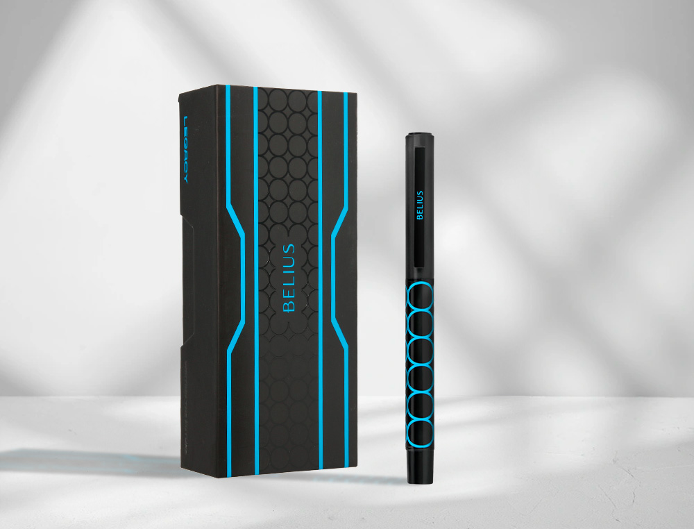 BOLIGRAFO BELIUS LEGACY ALUMINIO DISEÑO CIRCULOS AZUL CUERPO NEGRO TINTA COLOR AZUL CAJA DE DISEÑO