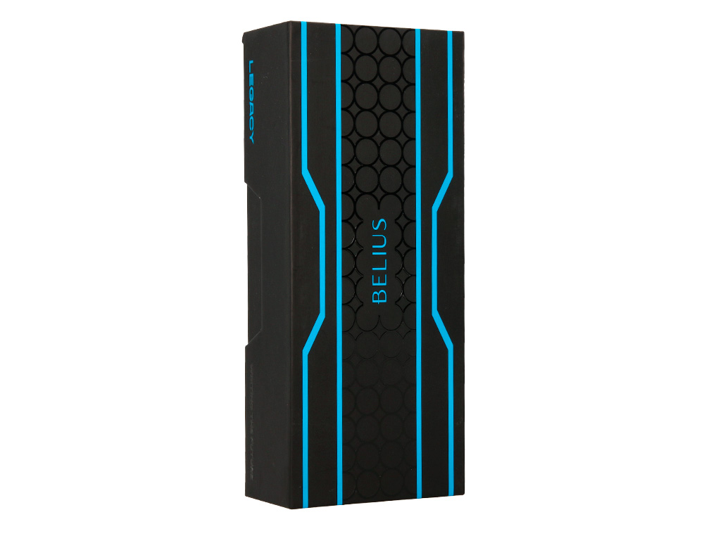 BOLIGRAFO BELIUS LEGACY ALUMINIO DISEÑO CIRCULOS AZUL CUERPO NEGRO TINTA COLOR AZUL CAJA DE DISEÑO
