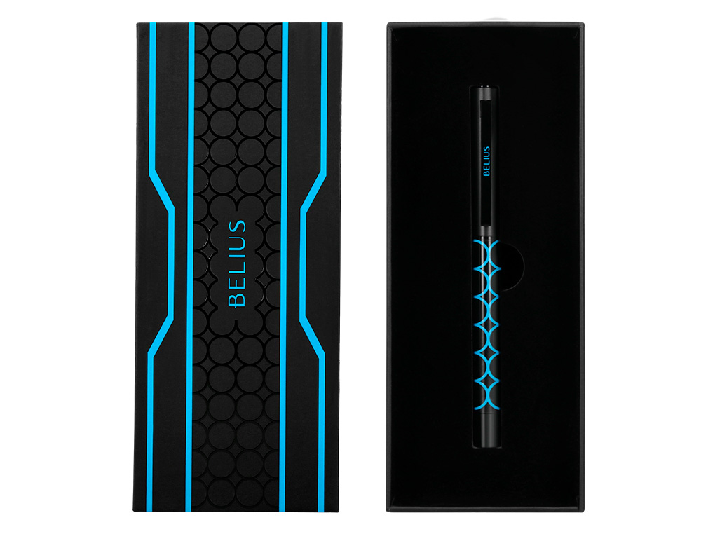 BOLIGRAFO BELIUS LEGACY ALUMINIO DISEÑO CIRCULOS AZUL CUERPO NEGRO TINTA COLOR AZUL CAJA DE DISEÑO