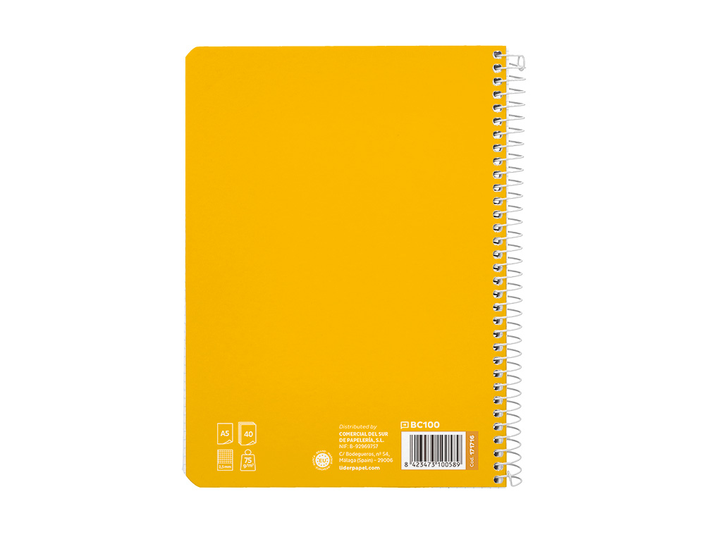 CUADERNO ESPIRAL LIDERPAPEL A5 PAUTAGUIA TAPA BLANDA 40H 75 GR CUADRO PAUTADO 2,5MM COLOR AMARILLO