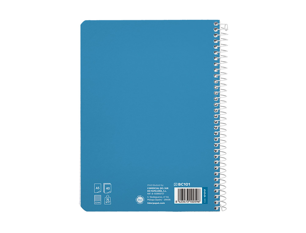 CUADERNO ESPIRAL LIDERPAPEL A5 PAUTAGUIA TAPA BLANDA 40H 75GR CUADRO PAUTADO 2,5MM COLOR AZUL