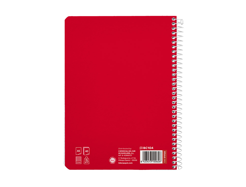 CUADERNO ESPIRAL LIDERPAPEL A5 PAUTAGUIA TAPA BLANDA 40H 75 GR CUADRO PAUTADO 2,5MM COLOR ROJO