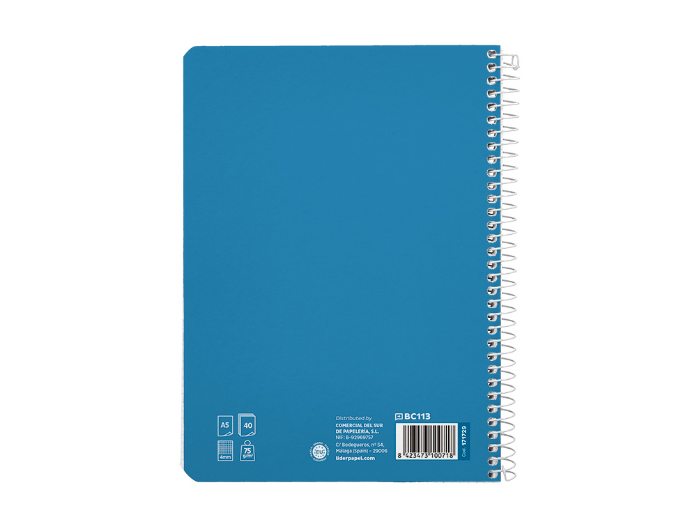 CUADERNO ESPIRAL LIDERPAPEL A5 PAUTAGUIA TAPA BLANDA 40H 75 GR CUADRO PAUTADO 4MM COLOR AZUL