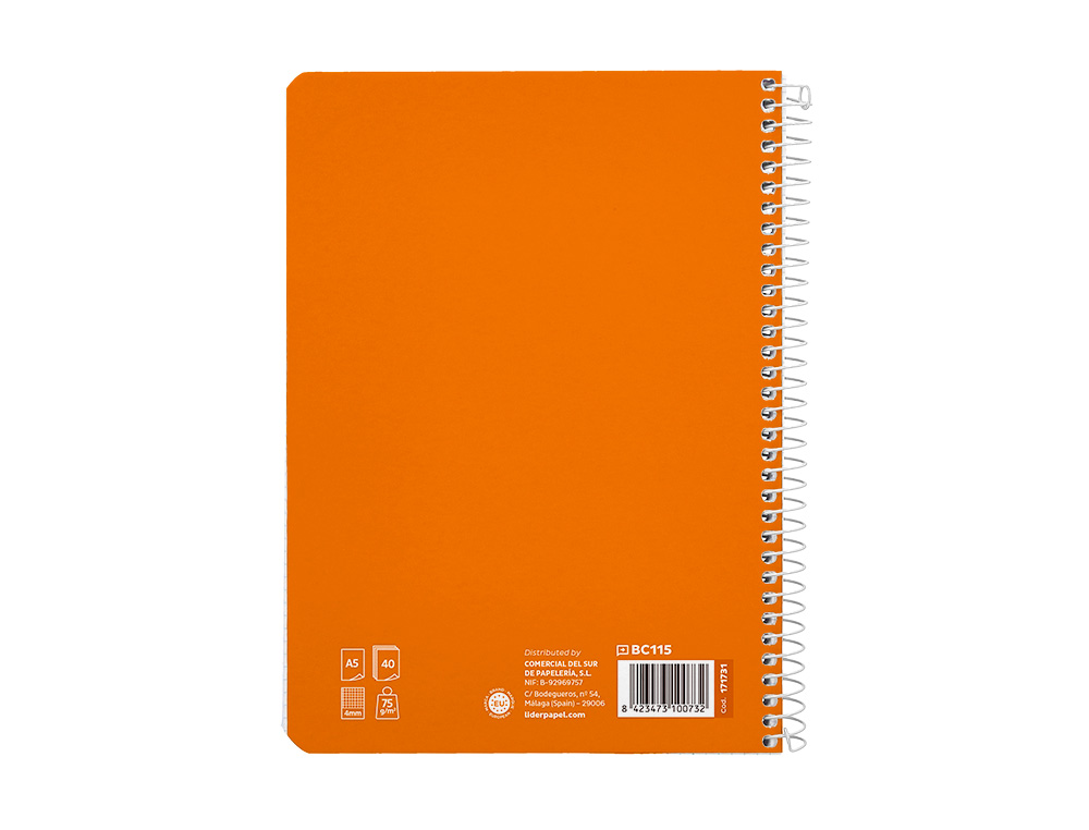 CUADERNO ESPIRAL LIDERPAPEL A5 PAUTAGUIA TAPA BLANDA 40H 75 GR CUADRO PAUTADO 4MM COLOR NARANJA