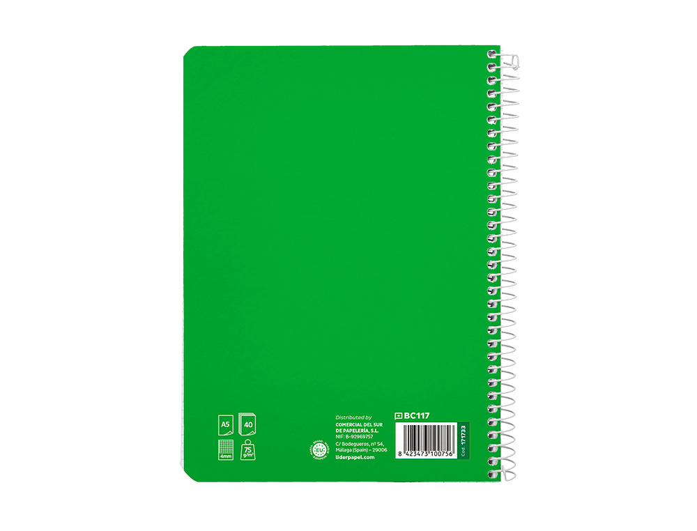 CUADERNO ESPIRAL LIDERPAPEL A5 PAUTAGUIA TAPA BLANDA 40H 75 GR CUADRO PAUTADO 4MM COLOR VERDE