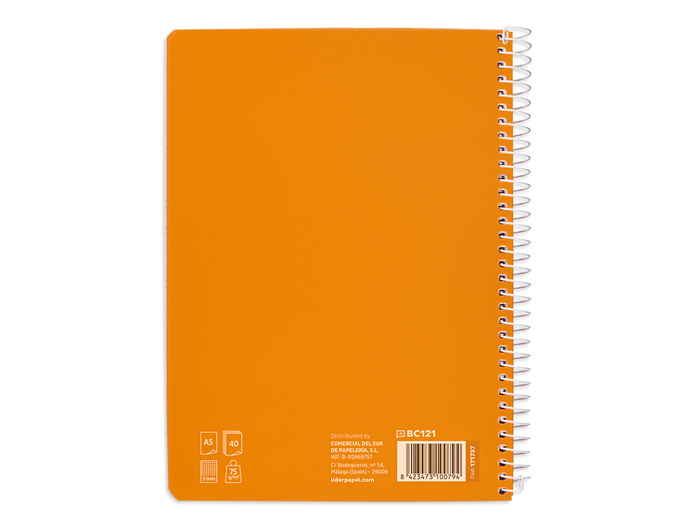 CUADERNO ESPIRAL LIDERPAPEL A5 PAUTAGUIA TAPA BLANDA 40H 75GR CUADRO PAUTADO 5MM COLOR NARANJA