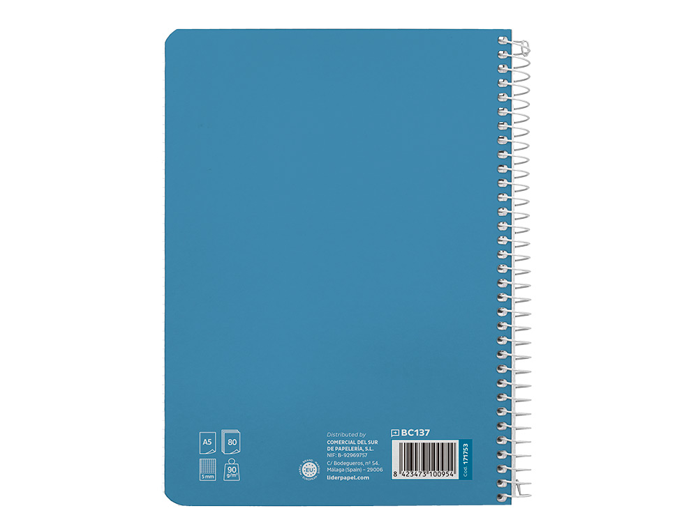CUADERNO ESPIRAL LIDERPAPEL A5 PAUTAGUIA TAPA DURA 80H 90 GR CUADRO PAUTADO 5MM COLOR AZUL