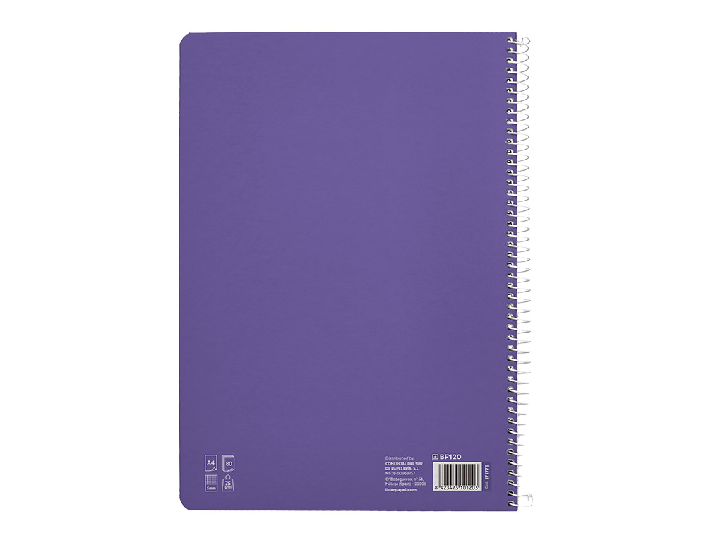 CUADERNO ESPIRAL LIDERPAPEL A4 PAUTAGUIA TAPA BLANDA 80H 75 GR CUADRO PAUTADO 5MM COLOR LILA