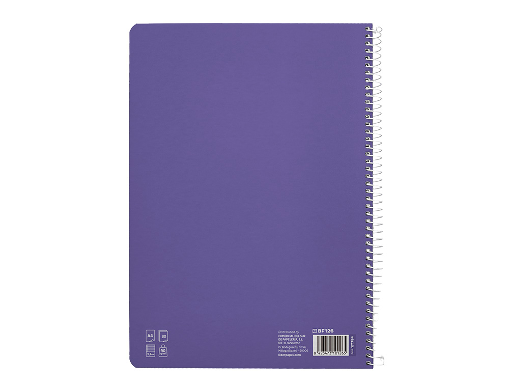 CUADERNO ESPIRAL LIDERPAPEL DIN A4 PAUTAGUIA TAPA DURA 80H 90 GR CUADRO PAUTADO 2,5MM COLOR LILA
