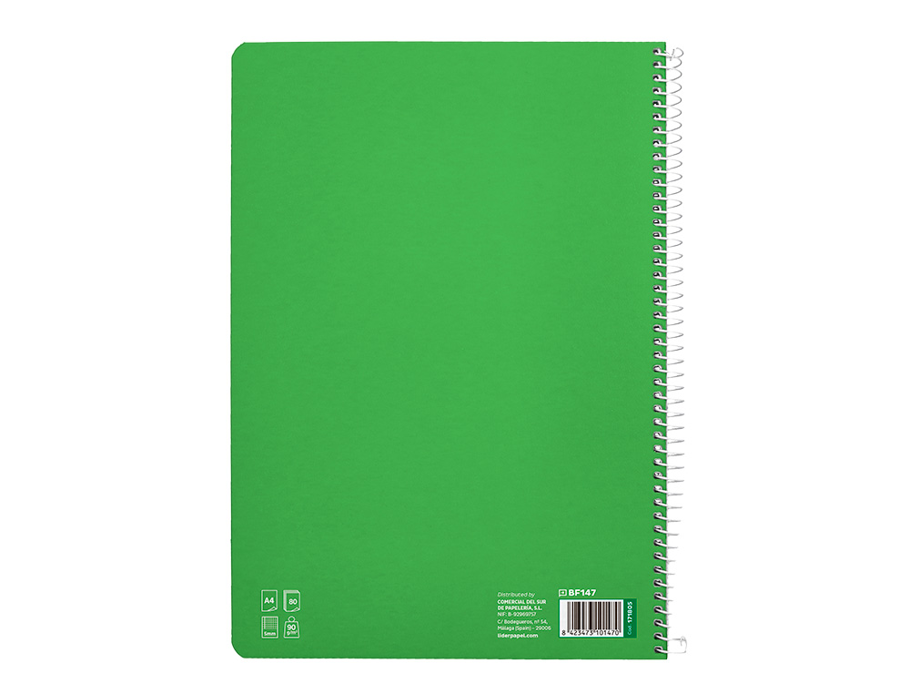 CUADERNO ESPIRAL LIDERPAPEL DIN A4 PAUTAGUIA TAPA DURA 80H 90GR CUADRO PAUTADO 5MM COLOR VERDE