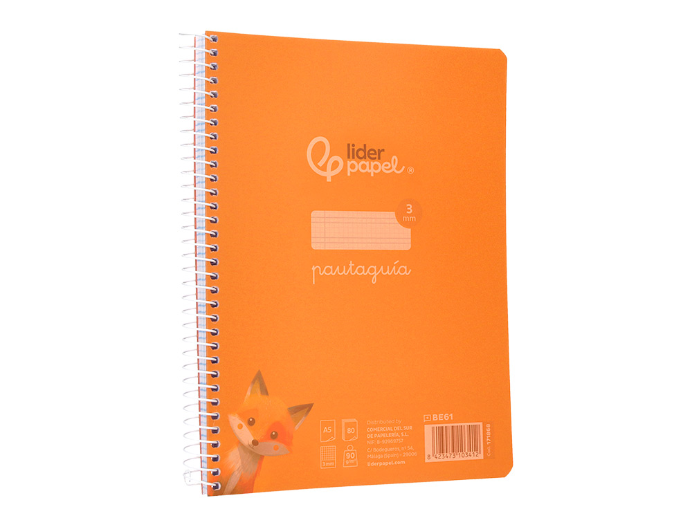 CUADERNO ESPIRAL LIDERPAPEL A5 PAUTAGUIA TAPA PLASTICO 80H 90GR CUADRO PAUTADO 3MM COLOR NARANJA