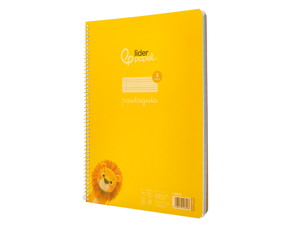 CUADERNO ESPIRAL LIDERPAPEL A4 PAUTAGUIA TAPA PLASTICO 80H 90GR CUADRO PAUTADO 3MM CON MARGEN COLOR AMARILLO