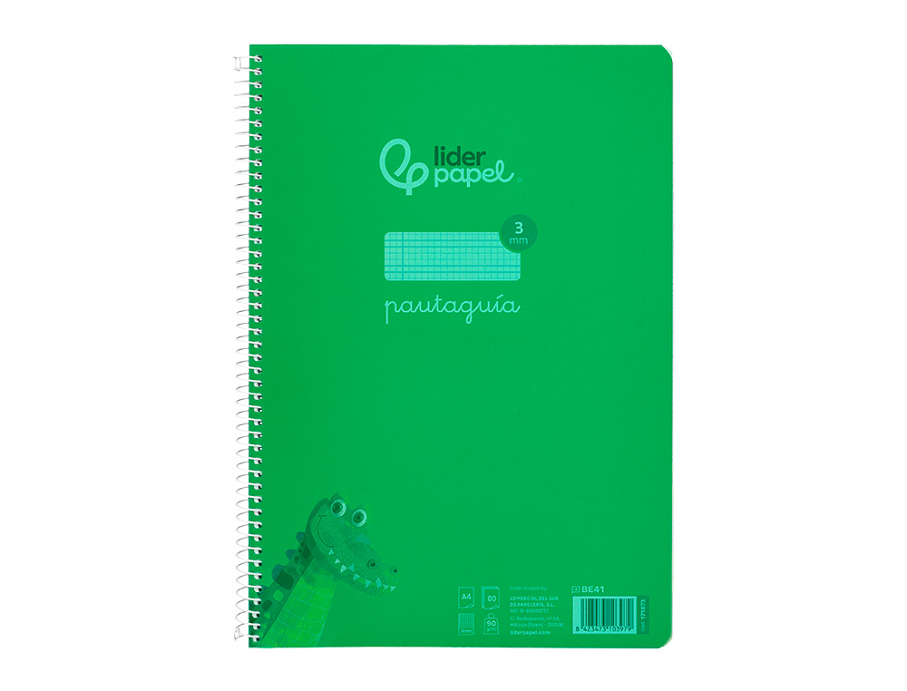 CUADERNO ESPIRAL LIDERPAPEL A4 PAUTAGUIA TAPA PLASTICO 80H 90GR CUADRO PAUTADO 3MM CON MARGEN COLOR VERDE