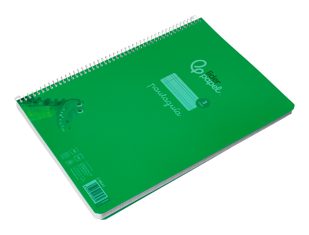 CUADERNO ESPIRAL LIDERPAPEL A4 PAUTAGUIA TAPA PLASTICO 80H 90GR CUADRO PAUTADO 3MM CON MARGEN COLOR VERDE