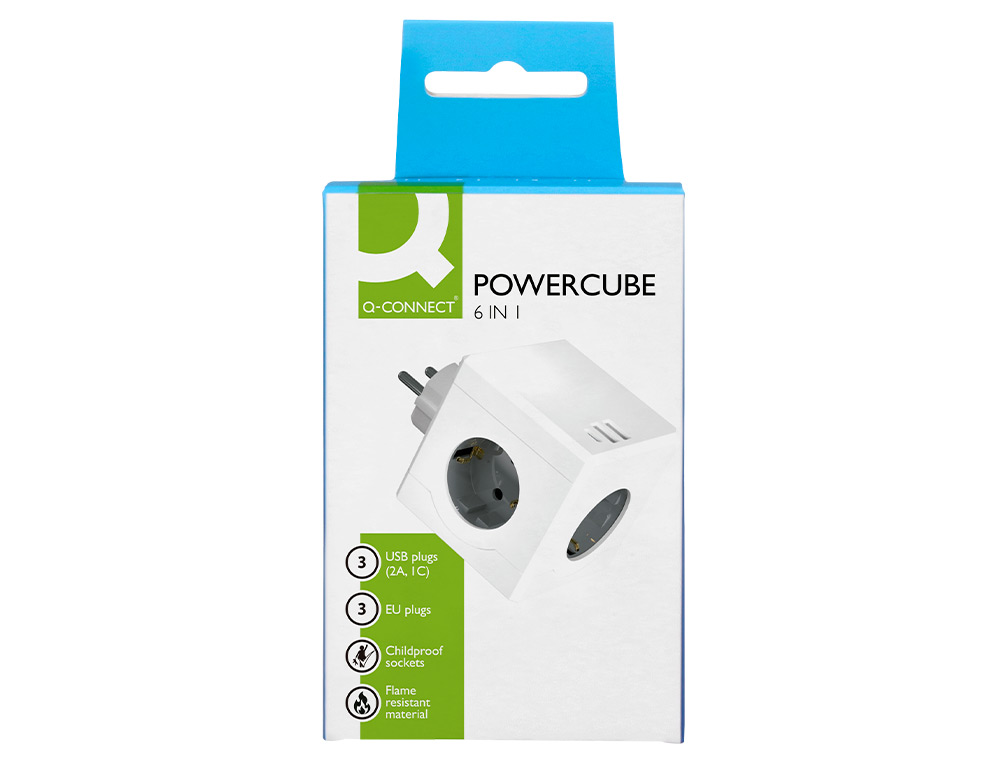 REGLETA Q-CONNECT DE CUBO ENCHUFE MULTIPLE POWER CUBE 6 EN 1 DIRECTO PARED 3 TOMAS DE CORRIENTE+2 USB+1 USB C