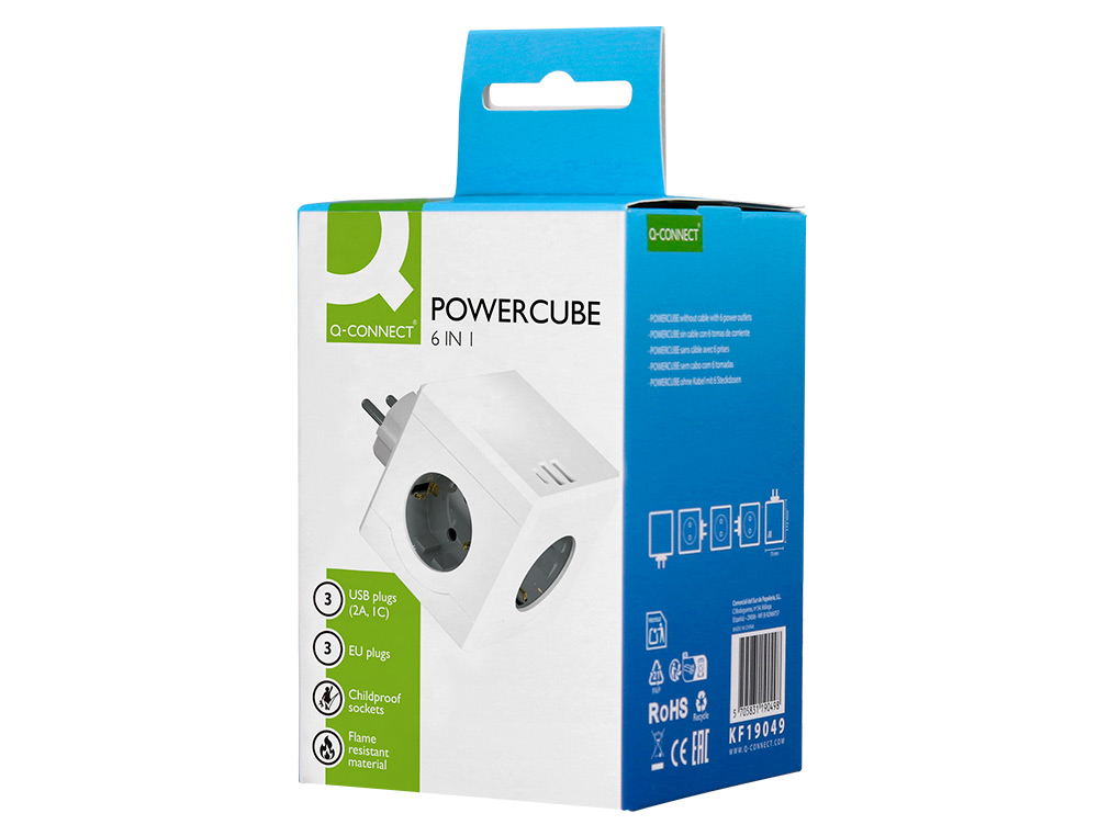 REGLETA Q-CONNECT DE CUBO ENCHUFE MULTIPLE POWER CUBE 6 EN 1 DIRECTO PARED 3 TOMAS DE CORRIENTE+2 USB+1 USB C