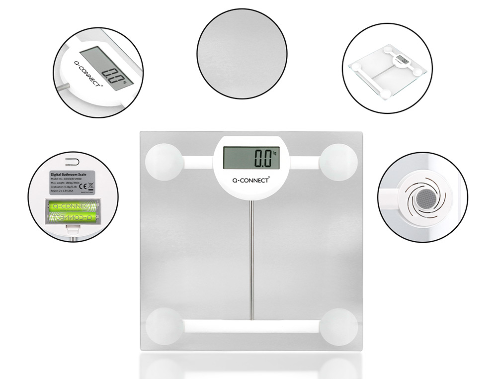 BASCULA BAÑO Q-CONNECT DIGITAL CON PANTALLA LCD PRECISION 100 GR CAPACIDAD DE 5 KG A 180 KG 300X300X22MM