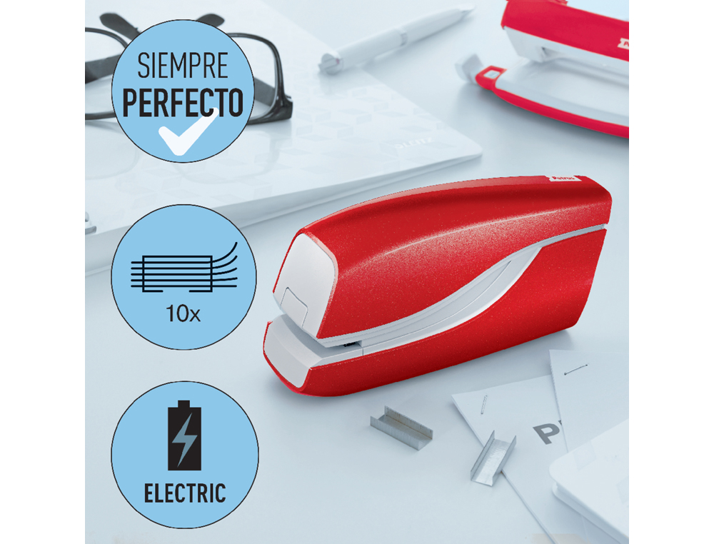 GRAPADORA PETRUS ELECTRICA E-310 CONTACTLESS ROJO METALIZADO CAPACIDAD 12 HOJAS USA GRAPAS Nº 10