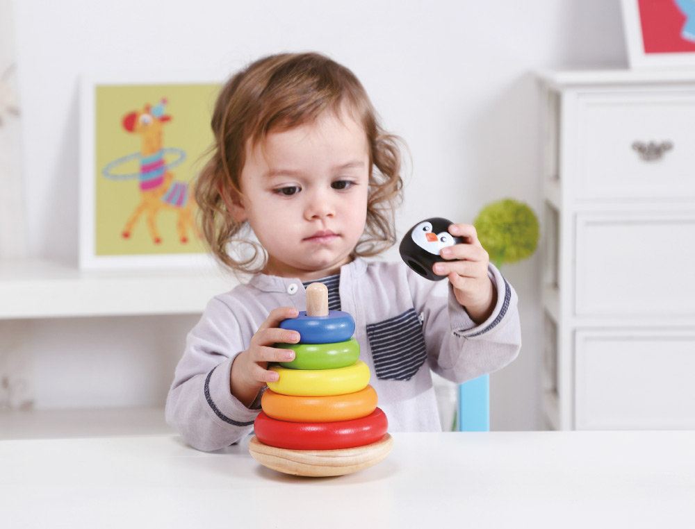 JUEGO INFANTIL IMAGINOVO MADERA FORMA DE PINGUINO TORRE DE FORMAS APILABLES +12 MESES 7 PIEZAS 18X12X12CM