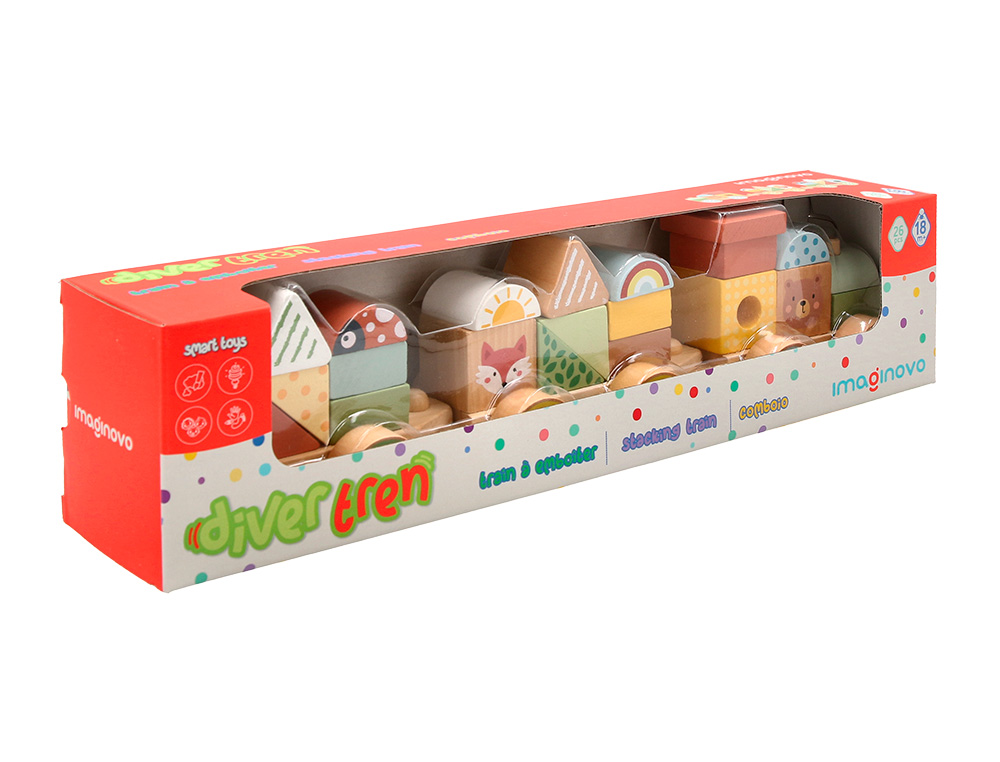 JUEGO INFANTIL IMAGINOVO MADERA TREN FIGURAS APILABLES CON RUEDAS +18 MESES 38X9,5X7,5CM