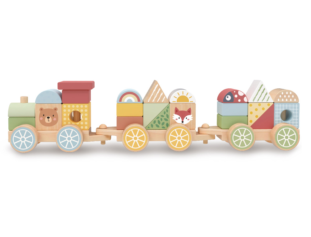 JUEGO INFANTIL IMAGINOVO MADERA TREN FIGURAS APILABLES CON RUEDAS +18 MESES 38X9,5X7,5CM
