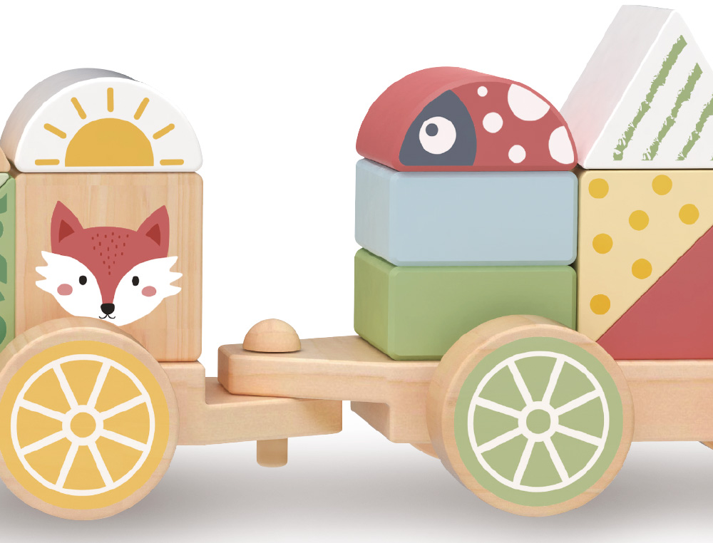 JUEGO INFANTIL IMAGINOVO MADERA TREN FIGURAS APILABLES CON RUEDAS +18 MESES 38X9,5X7,5CM