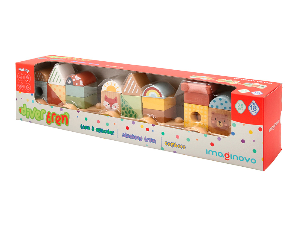 JUEGO INFANTIL IMAGINOVO MADERA TREN FIGURAS APILABLES CON RUEDAS +18 MESES 38X9,5X7,5CM