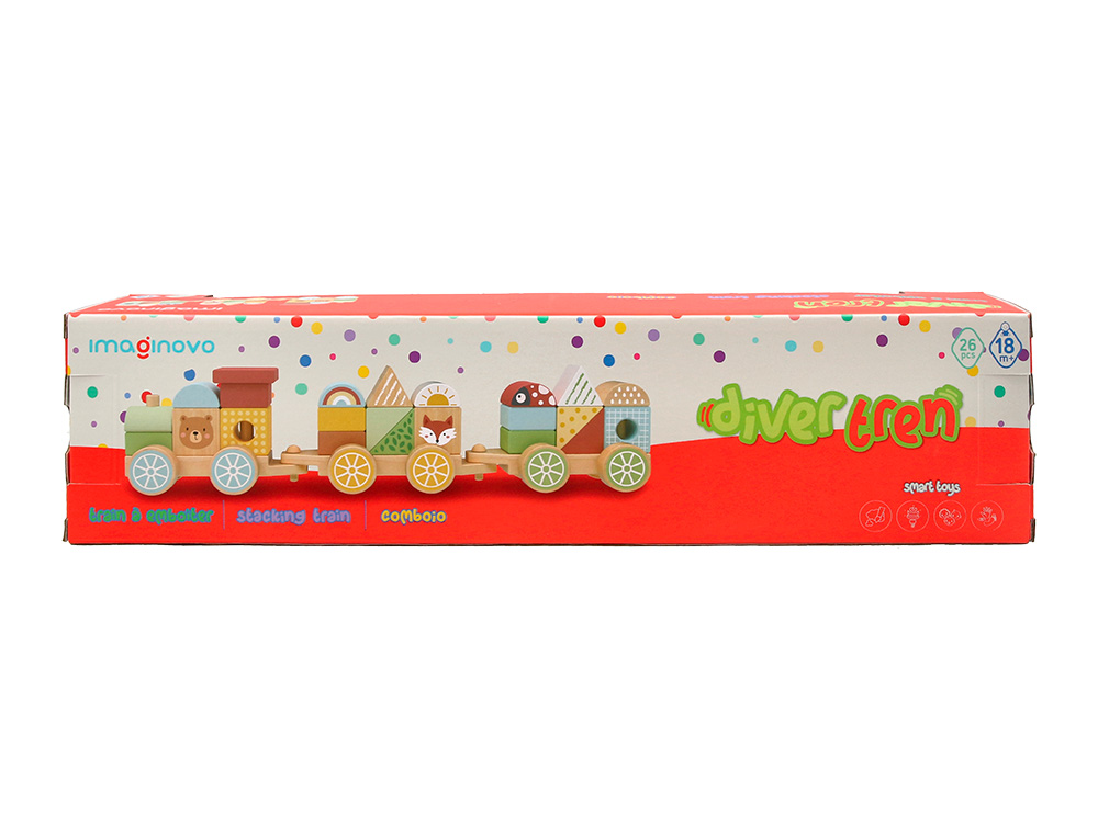 JUEGO INFANTIL IMAGINOVO MADERA TREN FIGURAS APILABLES CON RUEDAS +18 MESES 38X9,5X7,5CM