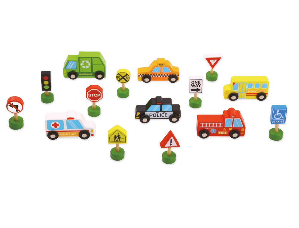 JUEGO INFANTIL IMAGINOVO MADERA VEHICULOS Y SEÑALES DE TRAFICO +3 AÑOS 16 PIEZAS 30X22X4CM
