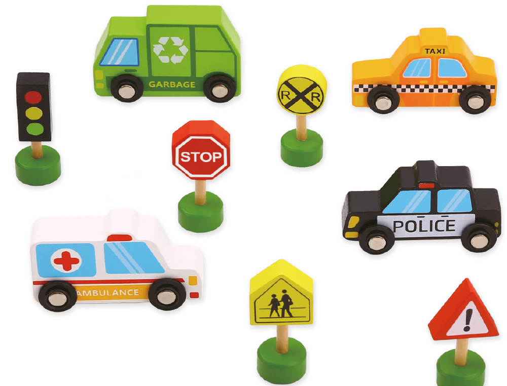 JUEGO INFANTIL IMAGINOVO MADERA VEHICULOS Y SEÑALES DE TRAFICO +3 AÑOS 16 PIEZAS 30X22X4CM