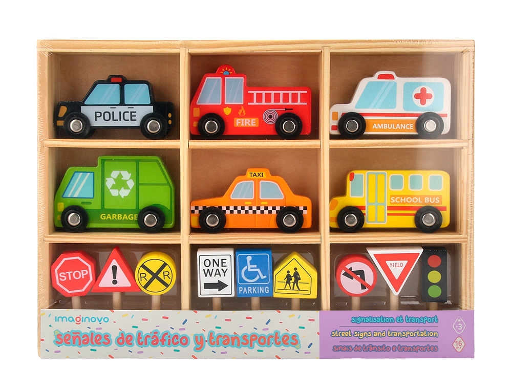 JUEGO INFANTIL IMAGINOVO MADERA VEHICULOS Y SEÑALES DE TRAFICO +3 AÑOS 16 PIEZAS 30X22X4CM