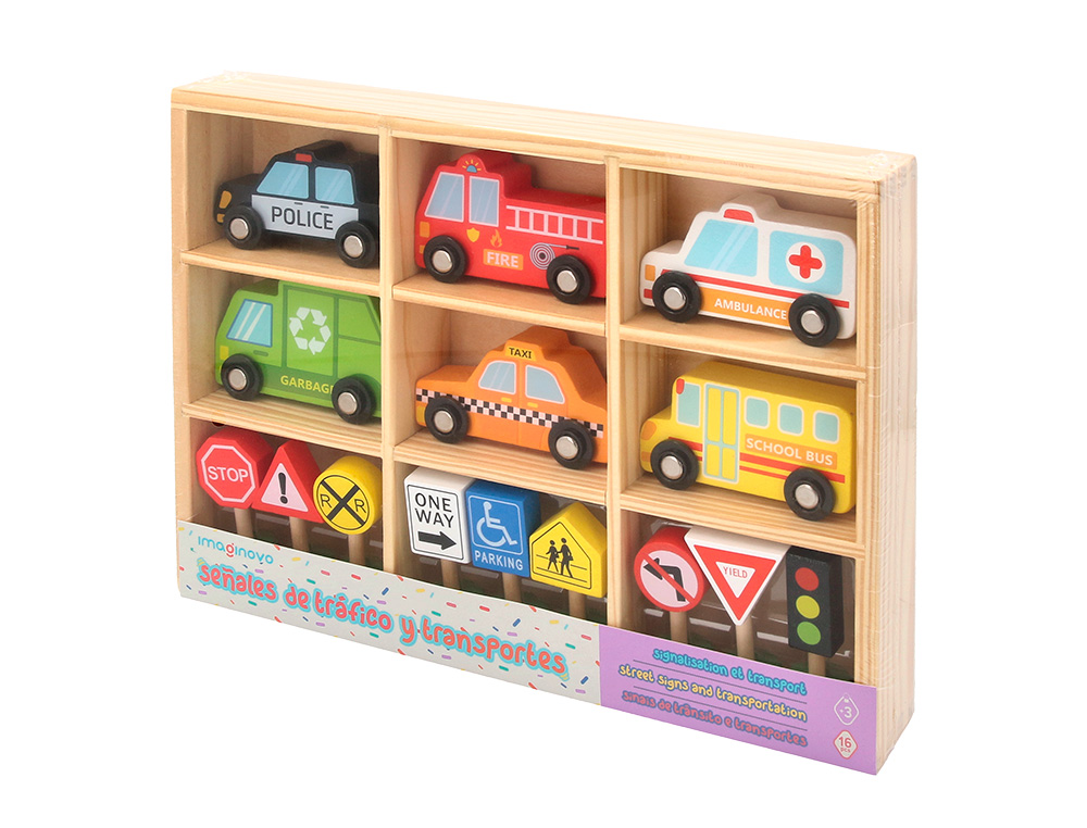 JUEGO INFANTIL IMAGINOVO MADERA VEHICULOS Y SEÑALES DE TRAFICO +3 AÑOS 16 PIEZAS 30X22X4CM
