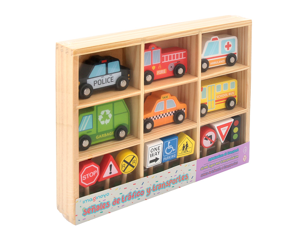 JUEGO INFANTIL IMAGINOVO MADERA VEHICULOS Y SEÑALES DE TRAFICO +3 AÑOS 16 PIEZAS 30X22X4CM