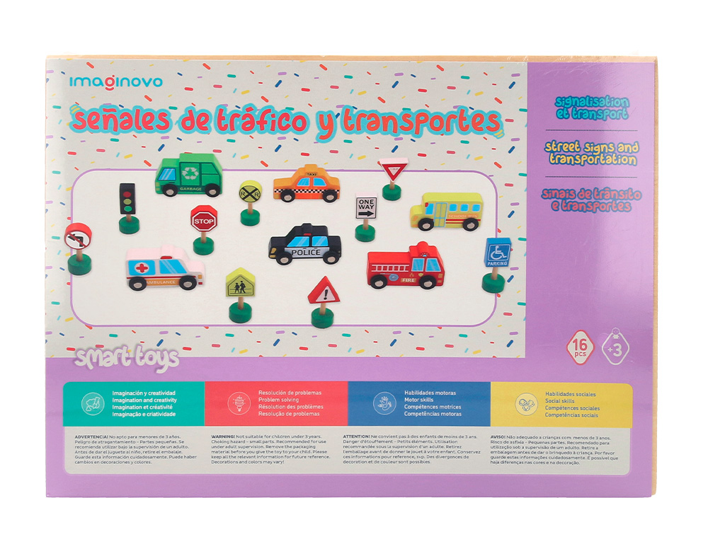 JUEGO INFANTIL IMAGINOVO MADERA VEHICULOS Y SEÑALES DE TRAFICO +3 AÑOS 16 PIEZAS 30X22X4CM