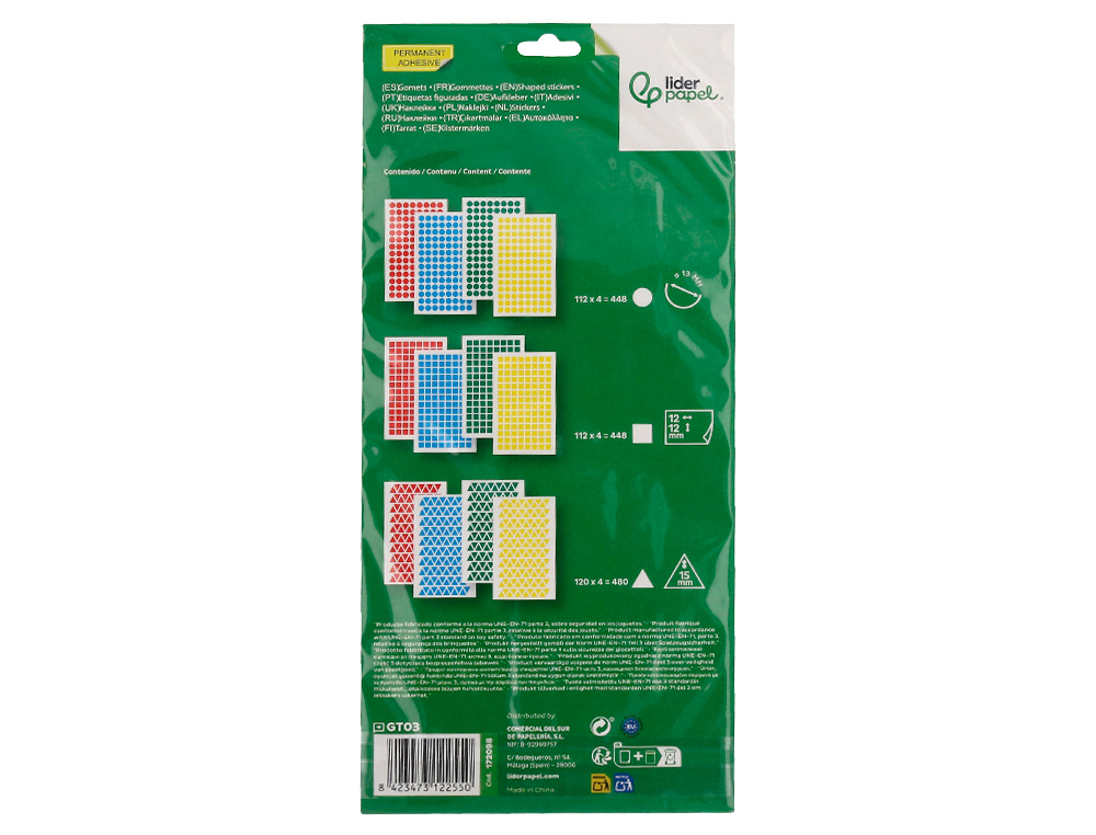 GOMETS LIDERPAPEL FIGURAS SURTIDAS BOLSA DE 12 HOJAS FIGURAS GEOMETRICAS PEQUEÑAS COLORES SURTIDOS