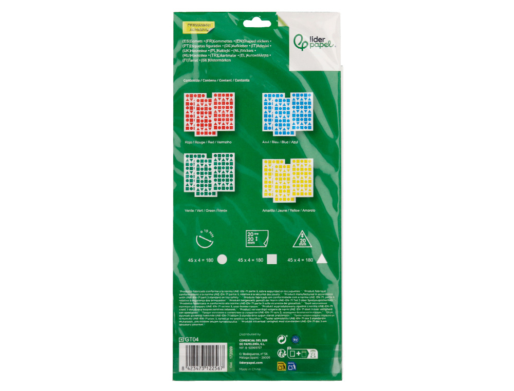 GOMETS LIDERPAPEL FIGURAS SURTIDAS BOLSA DE 12 HOJAS FIGURAS GEOMETRICAS MEDIANAS COLORES SURTIDOS