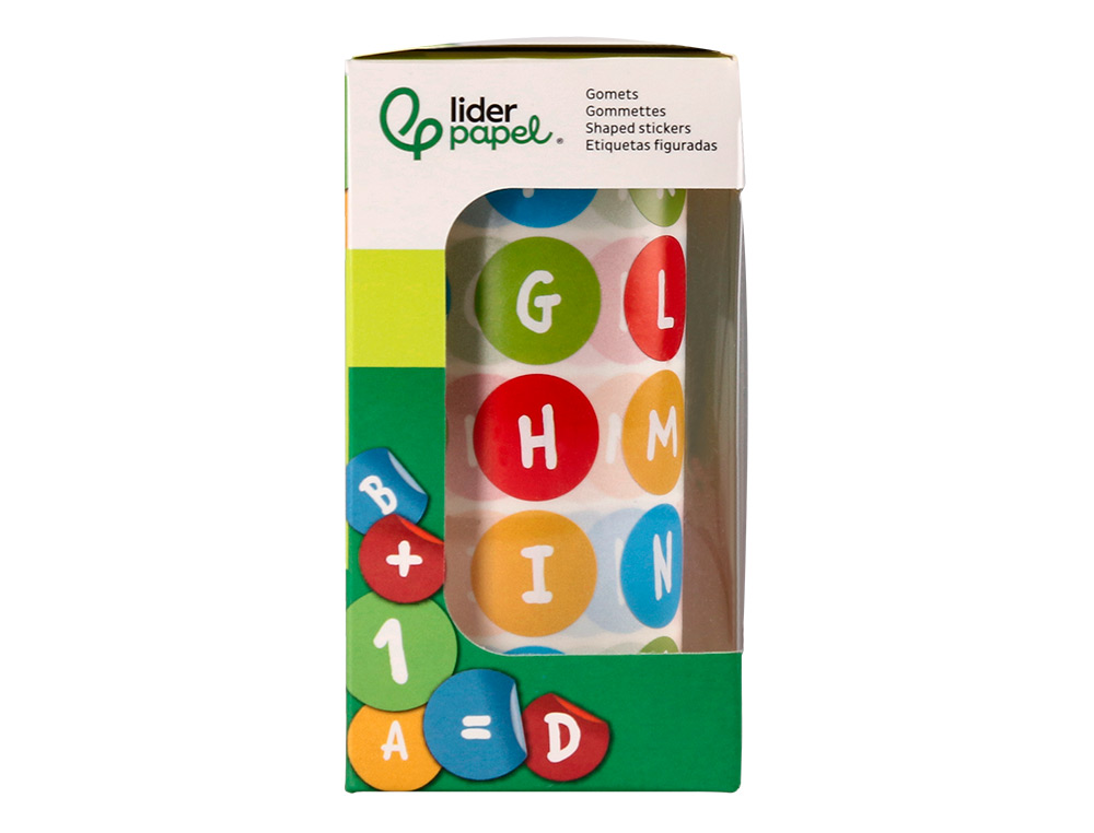 GOMETS LIDERPAPEL AUTOADHESIVO REDONDO ABECEDARIO 20 MM COLORES SURTIDOS ROLLO DE 1000 UNIDADES EN CAJA DE CARTON
