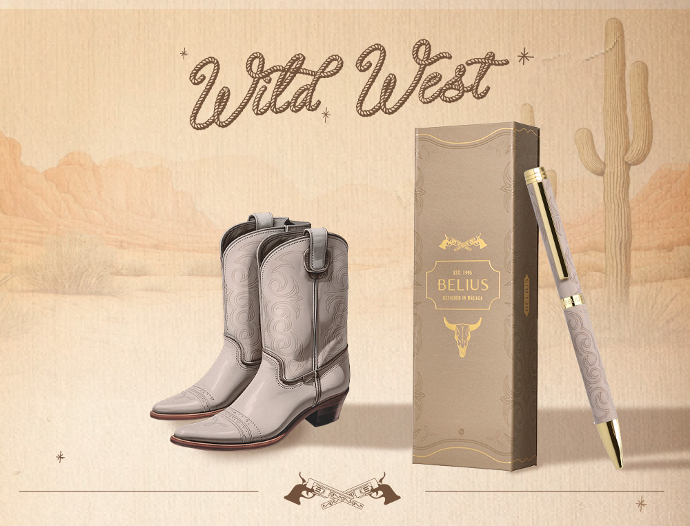 BOLIGRAFO BELIUS WILD WEST ALUMINIO COLOR BEIGE DORADO TINTA COLOR AZUL CAJA DE DISEÑO
